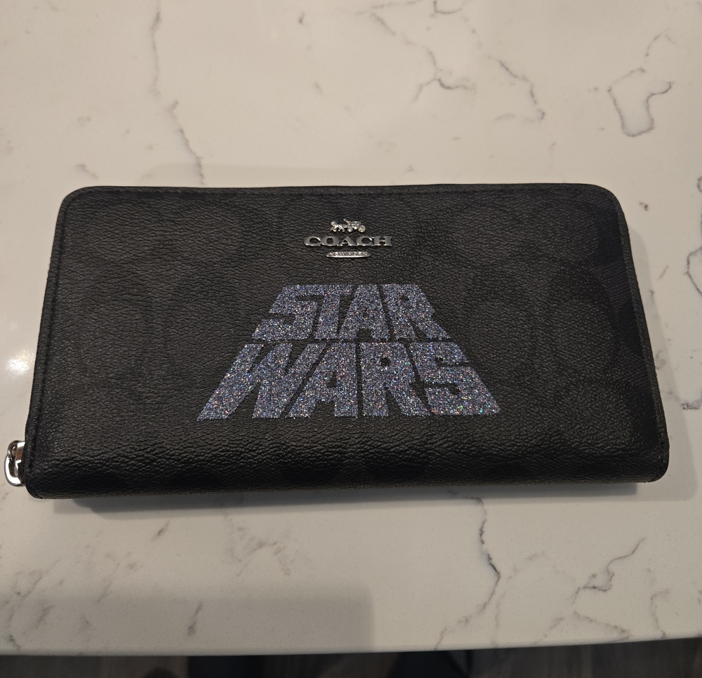 Coach Black Leather Zip-Around Wallet with Glitter Logo